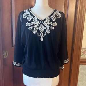 Alfani Black Blouse with Tan and White Embroidery and Beading. Women’s size XL